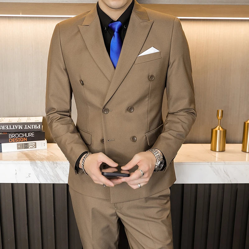 Costume de smoking de Style britannique pour hommes, costume de cérémonie à Double boutonnage, vêtements formels de mariage, couleurs unies, ensemble de 2 pièces avec pantalon Slim Fit