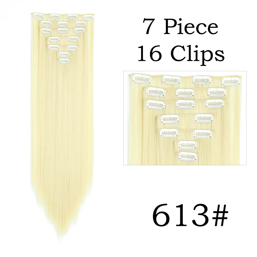 Extensions de Cheveux Synthétiques Longs et Lisses, Postiches Blondes Noires, Degré de Chaleur, Faux Cheveux, 24 Pouces, 16 Clips