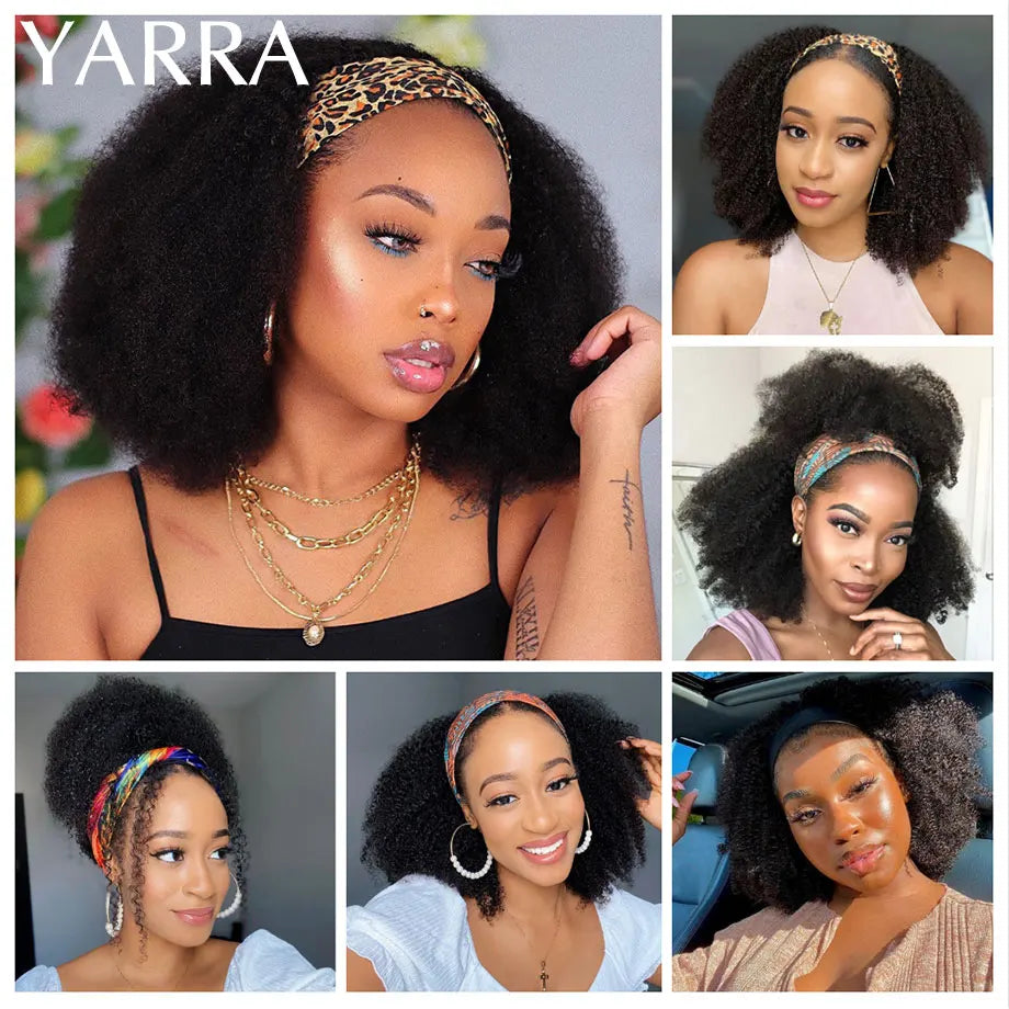 YARRA – perruque brésilienne Remy 100% naturelle, cheveux crépus bouclés, bandeau, densité 180%, entièrement faite à la Machine, pour femmes noires