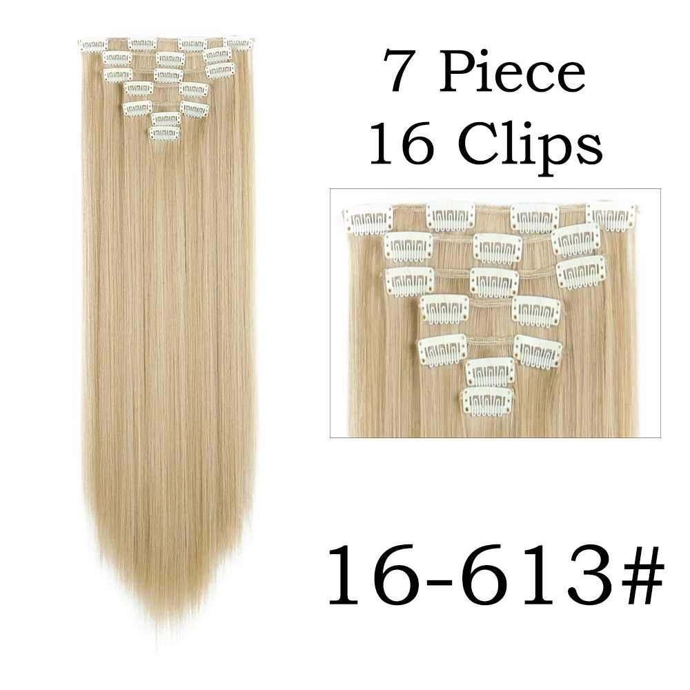 Extensions de Cheveux Synthétiques Longs et Lisses, Postiches Blondes Noires, Degré de Chaleur, Faux Cheveux, 24 Pouces, 16 Clips