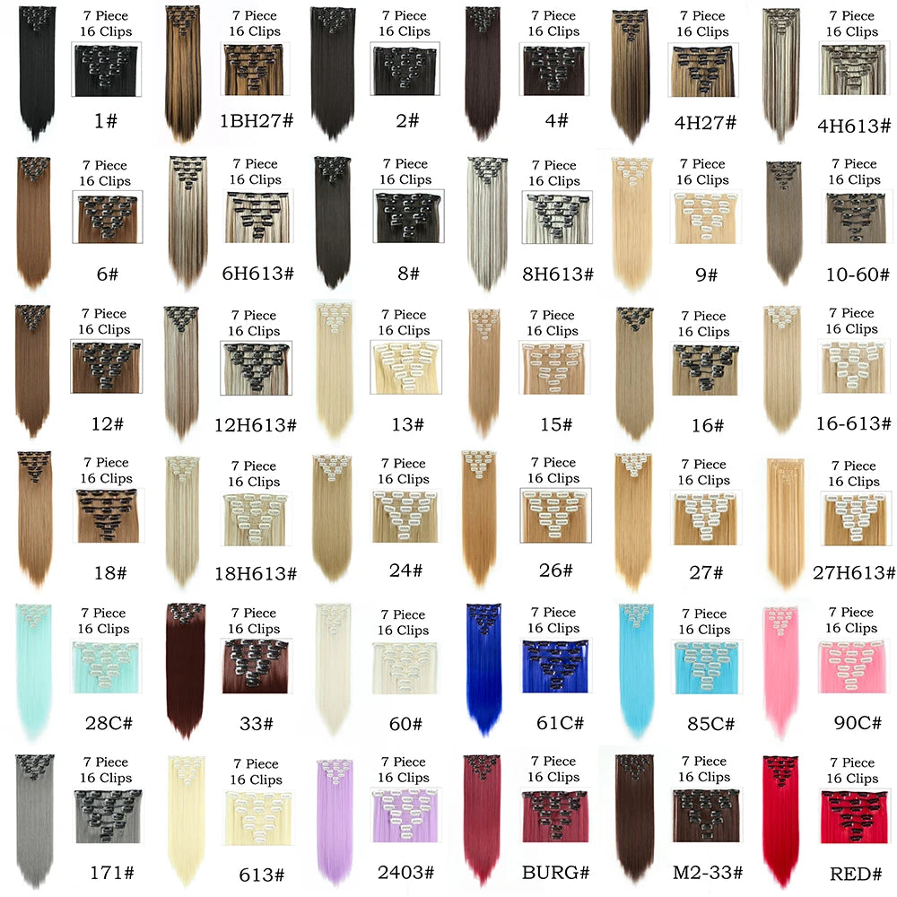 Extensions de Cheveux Synthétiques Longs et Lisses, Postiches Blondes Noires, Degré de Chaleur, Faux Cheveux, 24 Pouces, 16 Clips