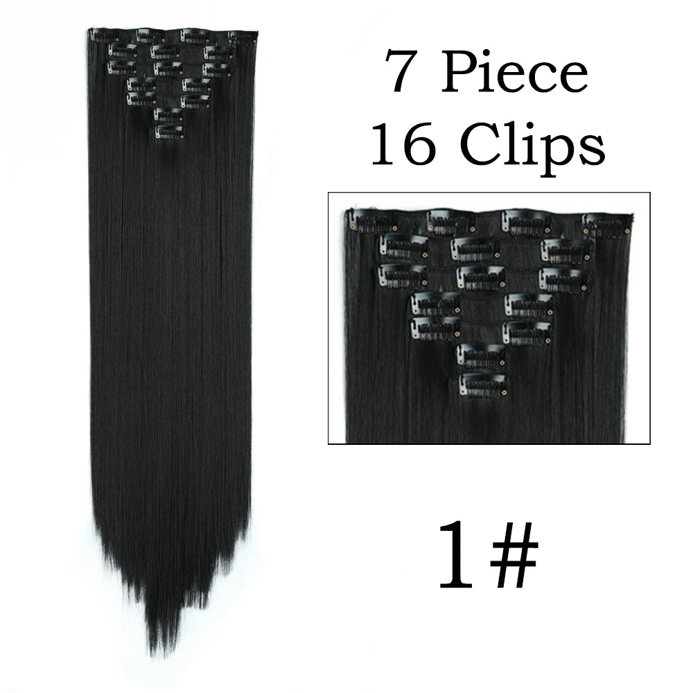 Extensions de Cheveux Synthétiques Longs et Lisses, Postiches Blondes Noires, Degré de Chaleur, Faux Cheveux, 24 Pouces, 16 Clips