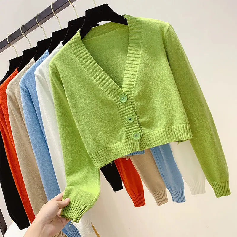 Cardigan court en tricot pour femme, style coréen, pull court à manches longues, col en V, élégant, pour le printemps et l'automne
