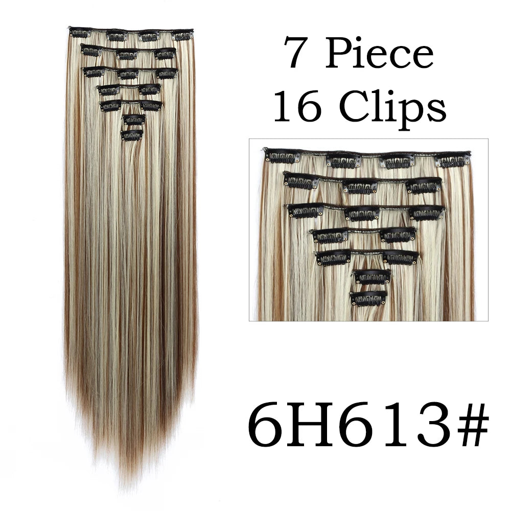 Extensions de Cheveux Synthétiques Longs et Lisses, Postiches Blondes Noires, Degré de Chaleur, Faux Cheveux, 24 Pouces, 16 Clips