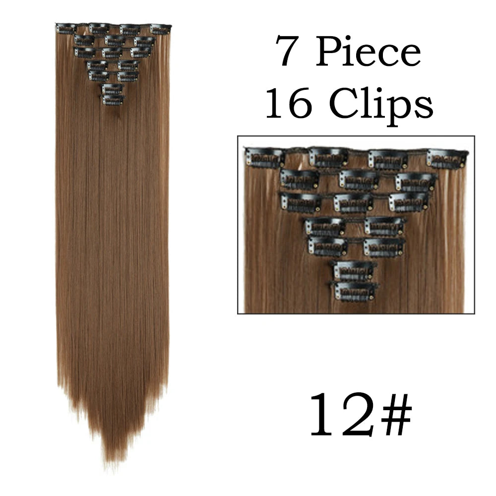 Extensions de Cheveux Synthétiques Longs et Lisses, Postiches Blondes Noires, Degré de Chaleur, Faux Cheveux, 24 Pouces, 16 Clips