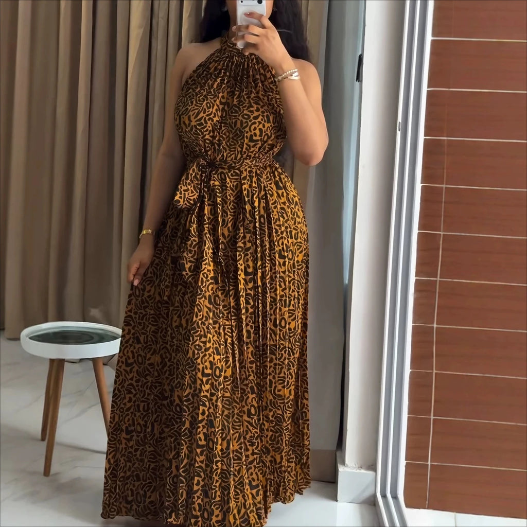 Robe longue pour femme, style Y2K, imprimé léopard, streetwear, sans manches, col halter, laçage, taille ajustée, élégante, pour soirée, sexy, 2026