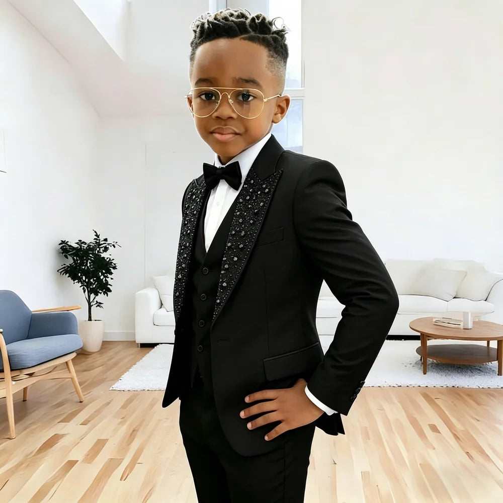Costumes noirs à cristaux perlés pour garçons, ensembles 3 pièces, ensembles de blazer à simple boutonnage, smoking pour enfants, pour mariage et fête formelle