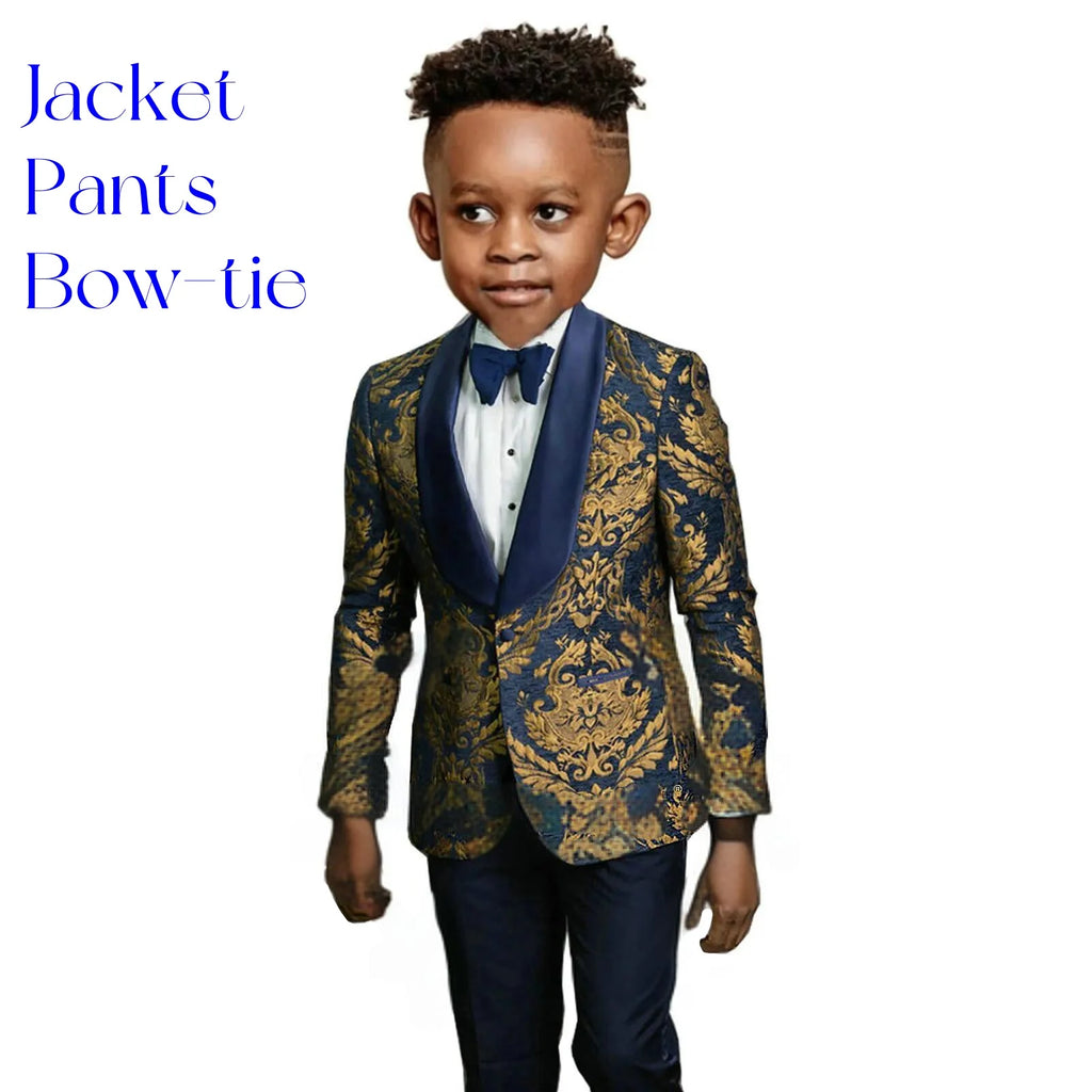 Ensemble de costume brodé doré pour tout-petits, veste, pantalon, nœud papillon, smoking formel, porte-anneau, taille réglable, costumes de 3 à 14 ans