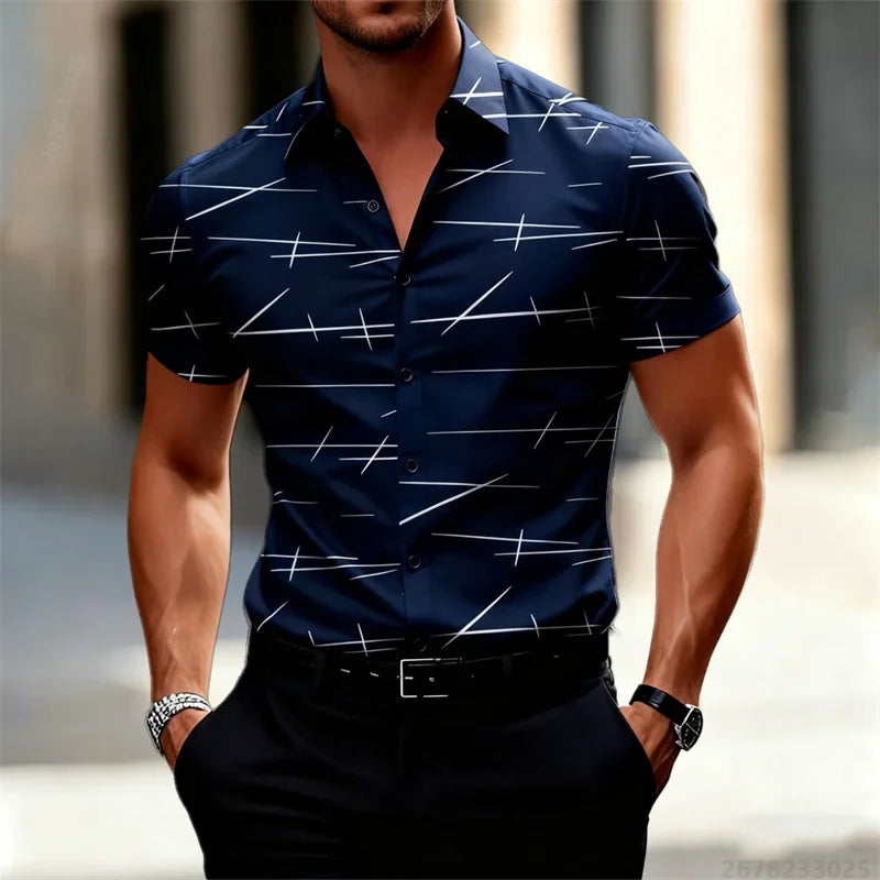 Chemise à manches courtes pour homme, 18 couleurs, nouvelle collection 2026, imprimé lignes géométriques, style urbain décontracté, col slim, tissu confortable