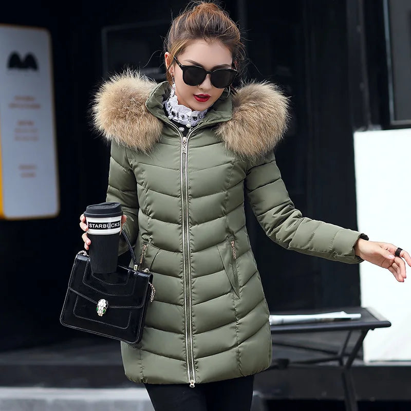 Veste d'hiver en coton épais pour femme, mi-longue, avec grand col en fourrure, style coréen, coupe ajustée, grande taille, vêtement d'extérieur