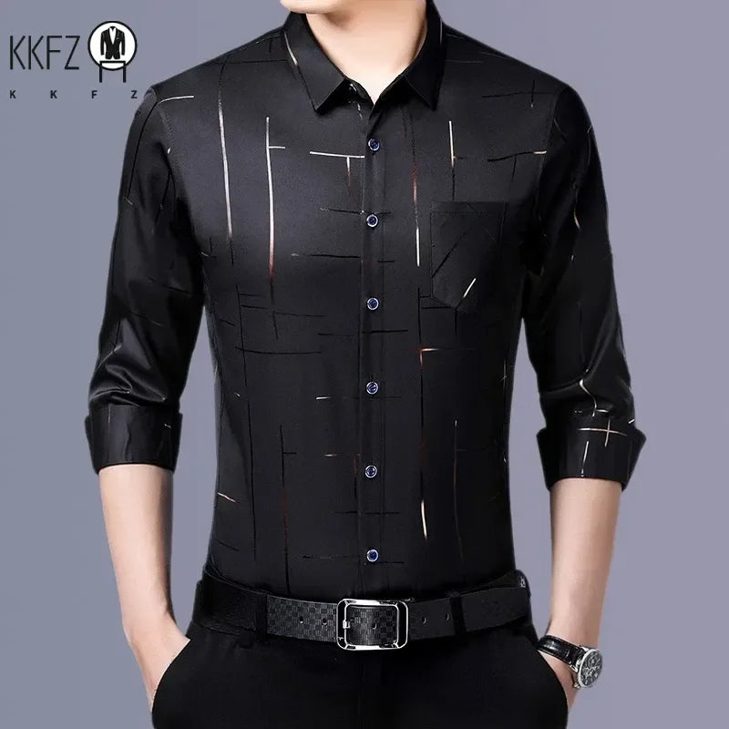 Chemise imprimée à manches longues pour hommes, haut d'affaires décontracté et à la mode, sans repassage et résistant aux rides