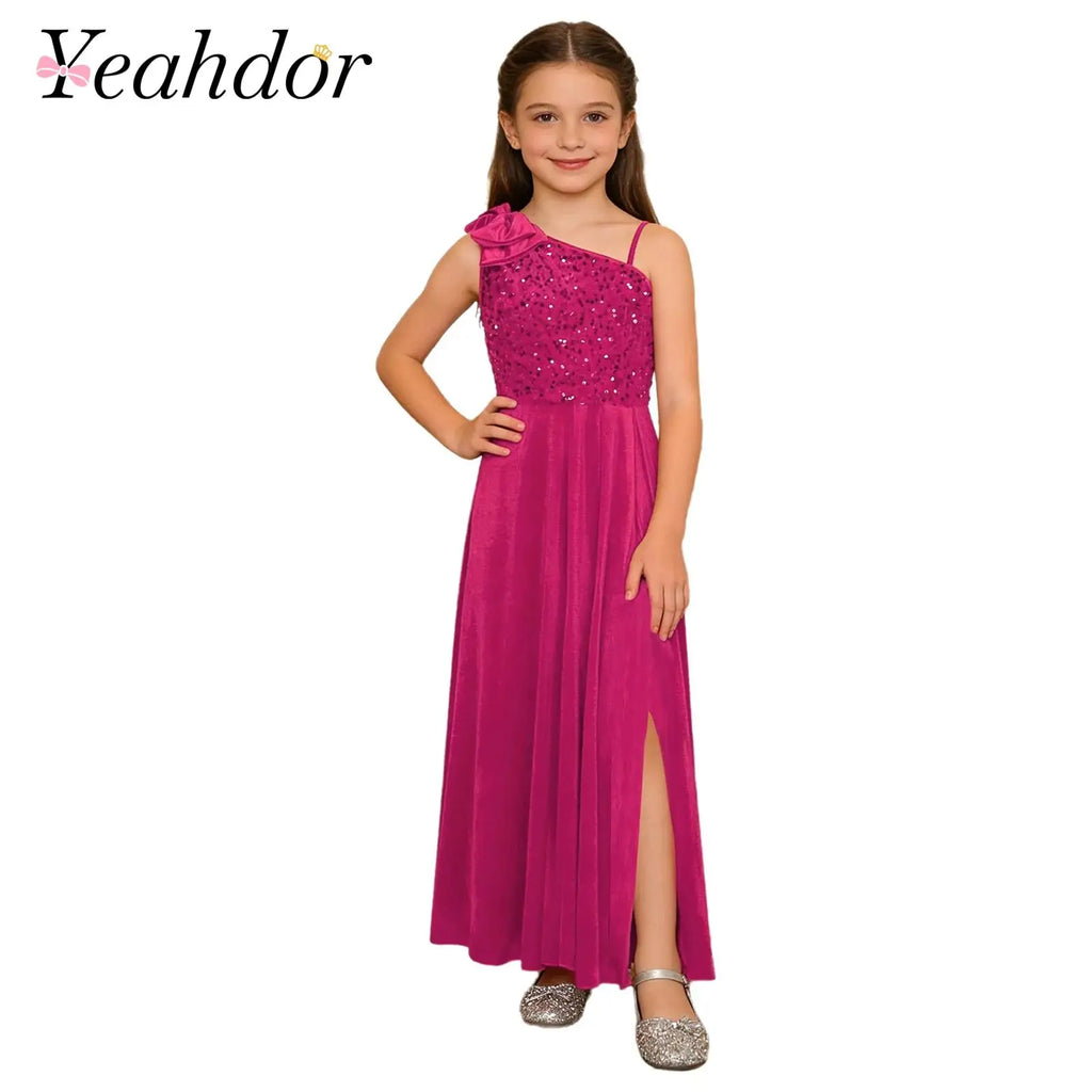 Robe de Demoiselle d'Honneur Junior Élégante pour Filles, Robe de Fille d'Honneur à Une Épaule Fendue avec Fleur pour Mariage, Fête, Costume Festif, Robes pour Enfants