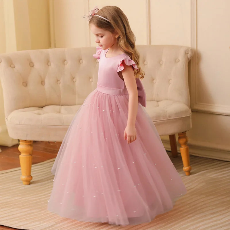 Robe de princesse d'été en tulle à fleurs pour fille, dos nu, avec nœud, pour anniversaire, mariage, piano, fête, ou tenue de cérémonie pour bébé fille