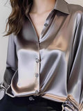 Chemise élégante en satin à manches longues pour femme, idéale pour le bureau, style coréen, coupe ample avec détails boutonnés