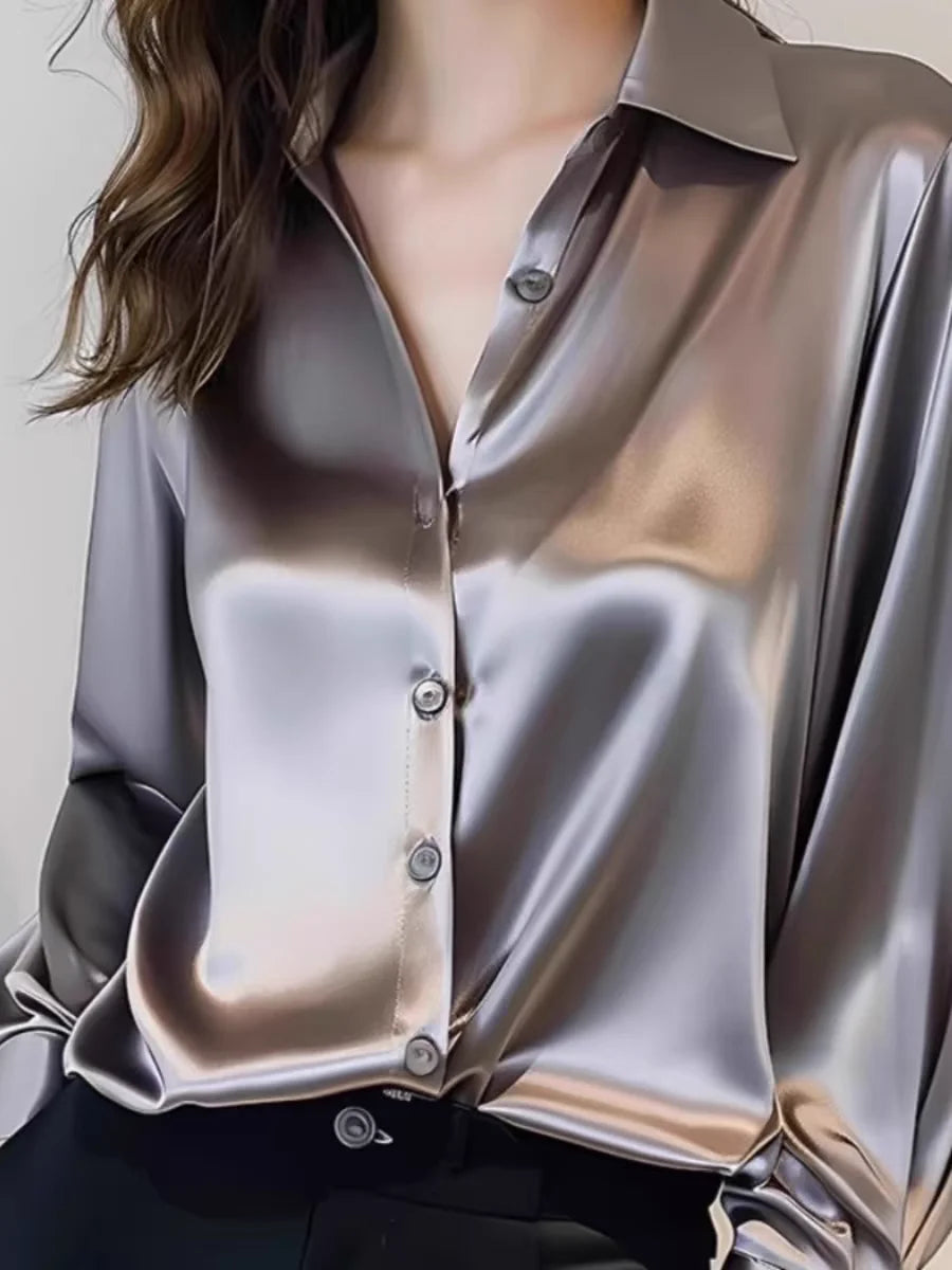 Chemise élégante en satin à manches longues pour femme, idéale pour le bureau, style coréen, coupe ample avec détails boutonnés