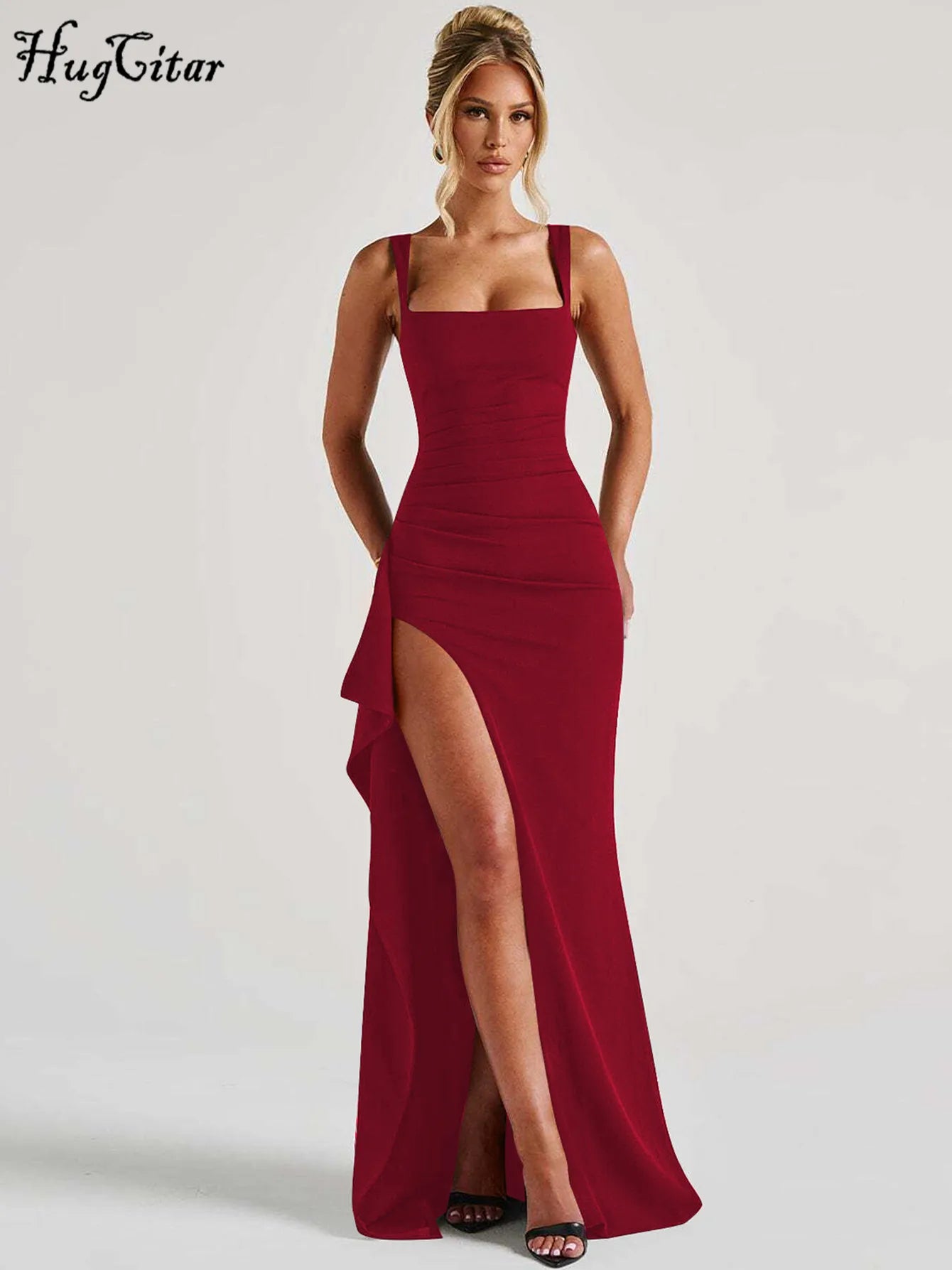 Hugcitar femmes élégant solide bretelles fente froncé Patchwork Sexy moulante Maxi robe tenues d'été soirée fête anniversaire Festival