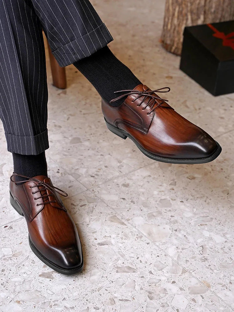 Chaussures décontractées d'affaires pour hommes, Grain de bois en détresse, bout carré, Derby en cuir, vêtements de bureau confortables, chaussures habillées formelles