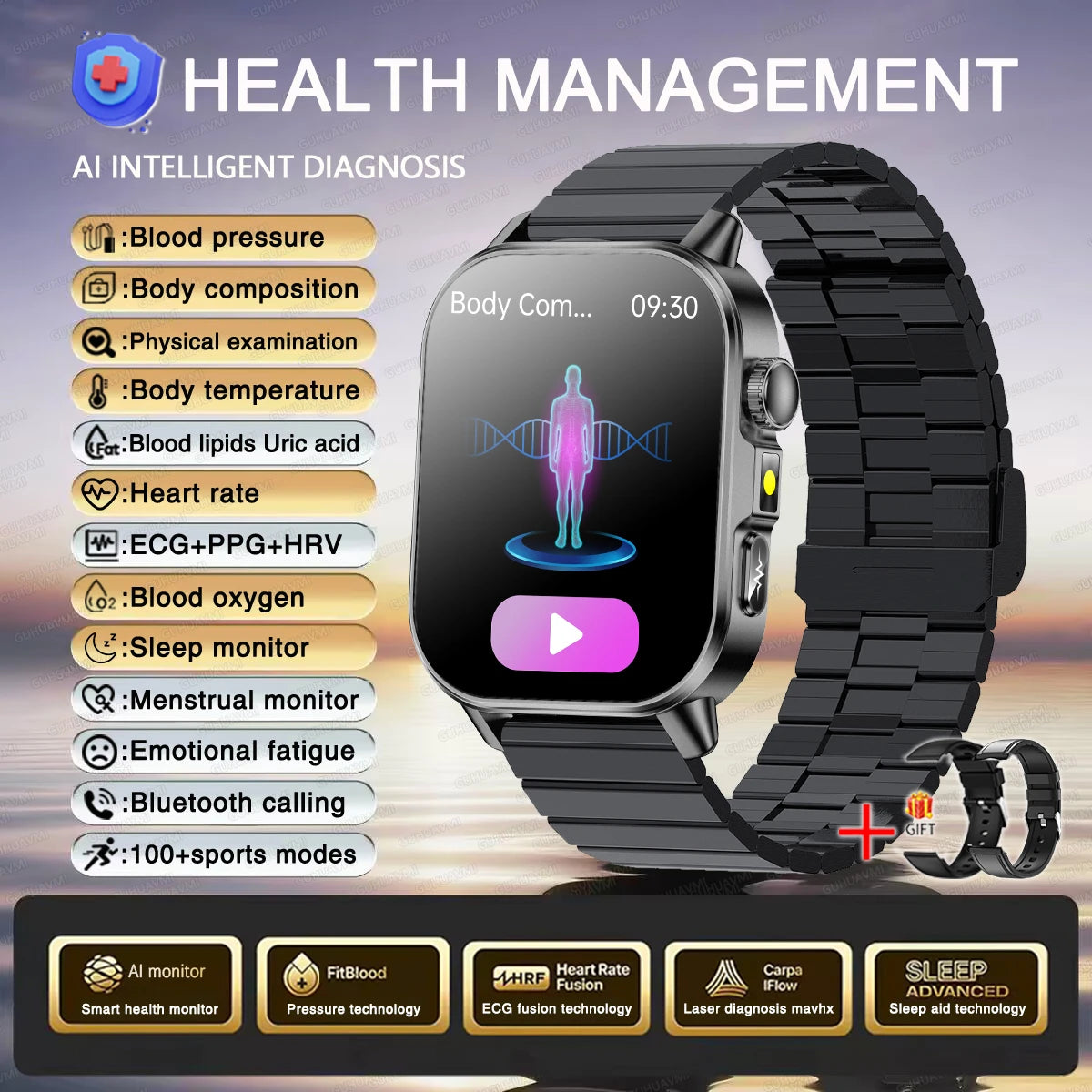Montre connectée intelligente 2026 pour la santé des femmes, diagnostic précis, ECG+HRV, tension artérielle, oxygène sanguin, acide urique, fréquence cardiaque, appels Bluetooth