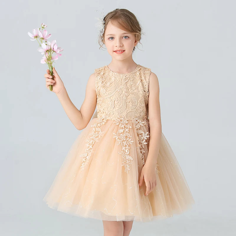 Robe à fleurs en dentelle blanche pour filles, avec nœuds, robe de première Communion pour enfants, robes de princesse sans manches, BX8991