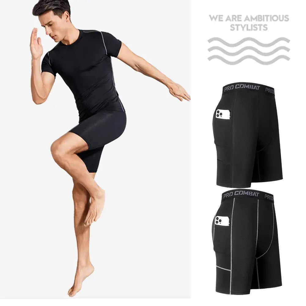 Pantalon court de compression pour hommes, élastique, à séchage rapide, pour la course à pied, la remise en forme, avec poche, grande taille, noir, pantalon d'entraînement serré pour la salle de sport