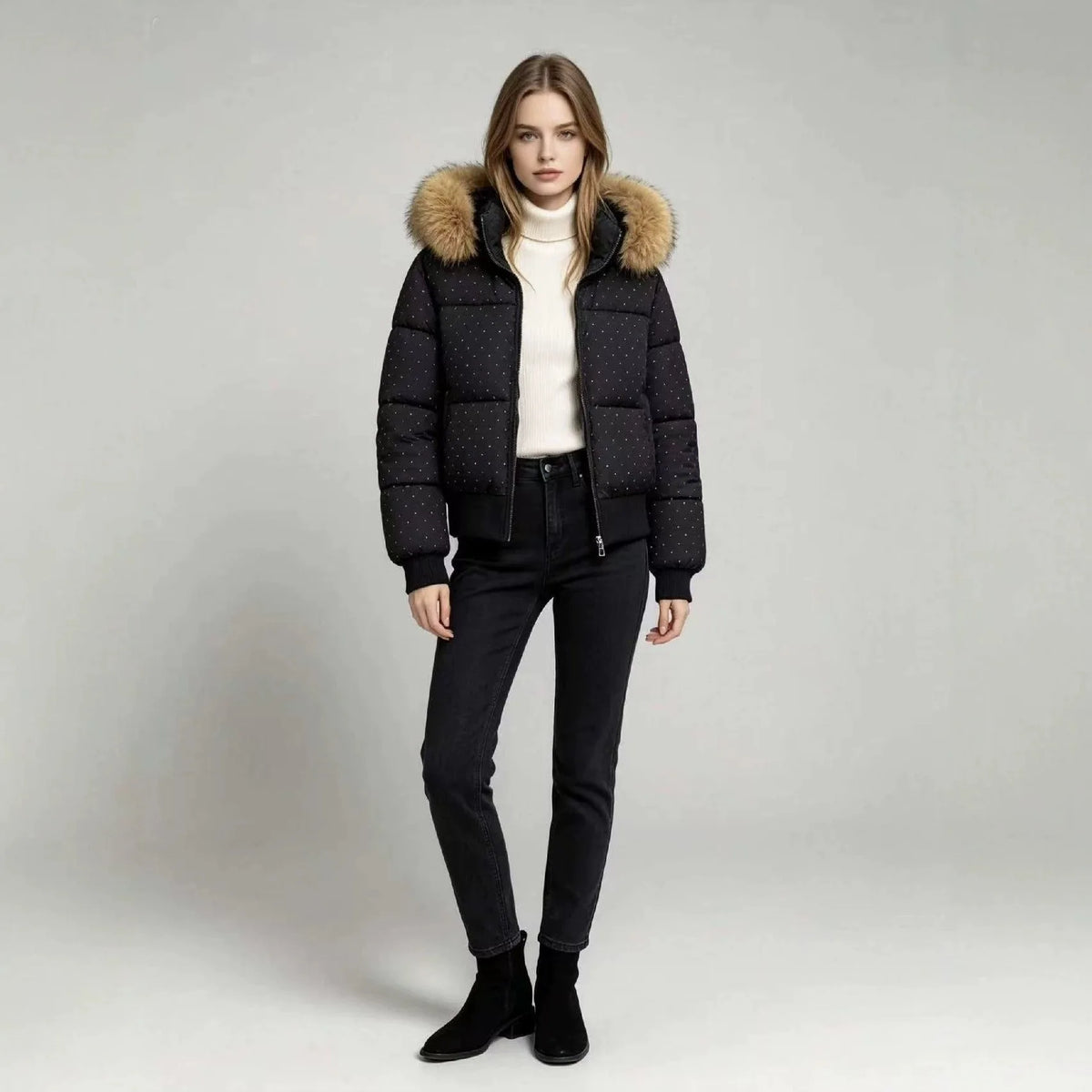 Manteau court pour femme, chaud et épais pour l'hiver, avec bordure bouffante, taille cintrée et accents de perles scintillantes, nouveau modèle 2026