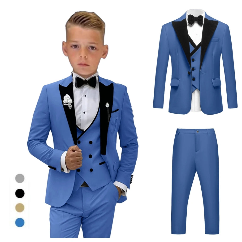 Ensemble de costume formel quatre pièces pour garçons, Blazer à col en velours, pantalon gilet, pantalon de smoking à nœud papillon, costumes de mariage pour enfants de retour