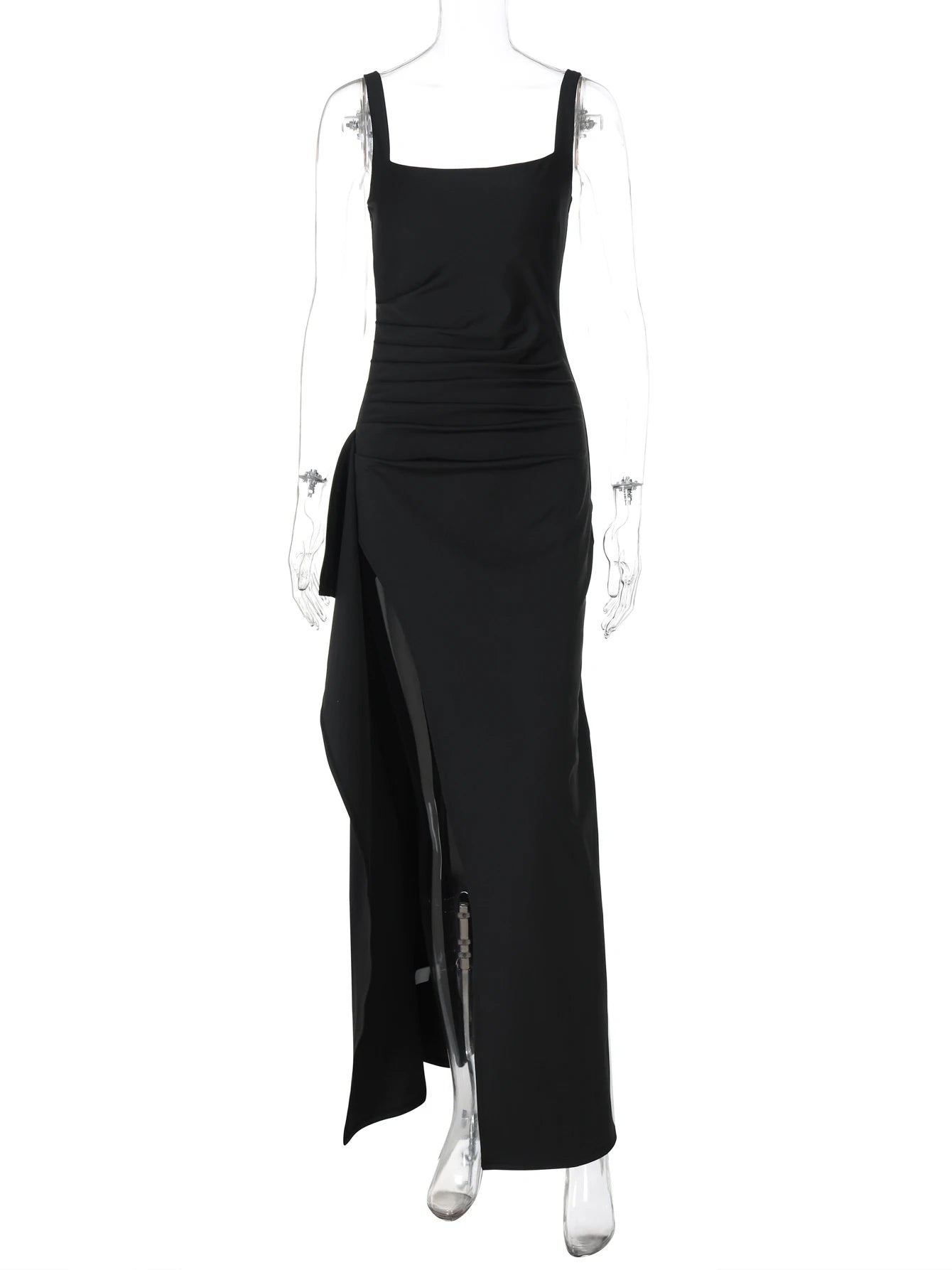 Hugcitar femmes élégant solide bretelles fente froncé Patchwork Sexy moulante Maxi robe tenues d'été soirée fête anniversaire Festival