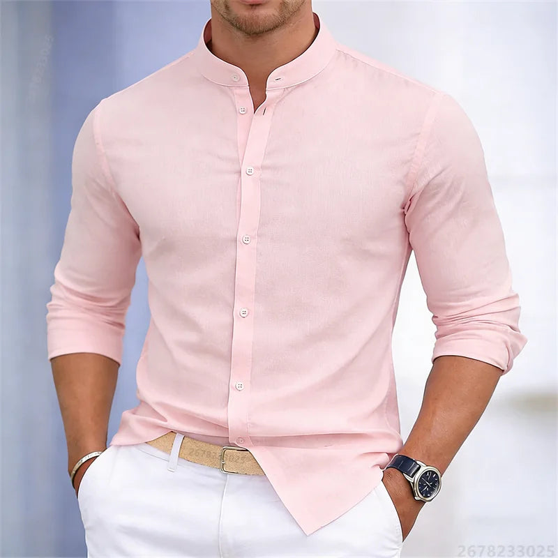 Chemise à manches longues pour homme, col montant, blanche ou noire, couleur unie, coupe ajustée, style business casual, tailles XS-6XL.
