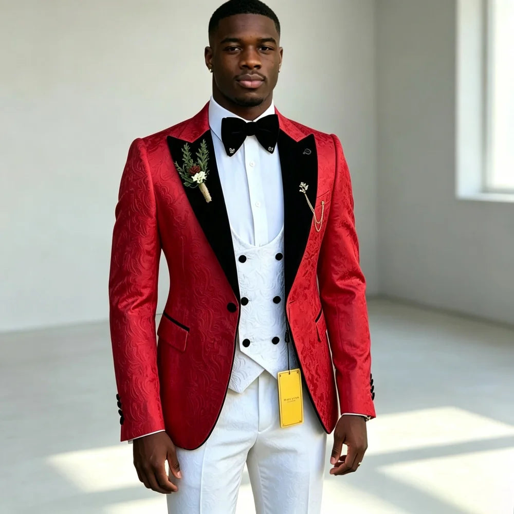 Costume de luxe ajusté à motifs floraux pour homme, ensemble trois pièces (veste + pantalon + gilet) – Idéal pour le marié ou les invités de mariage