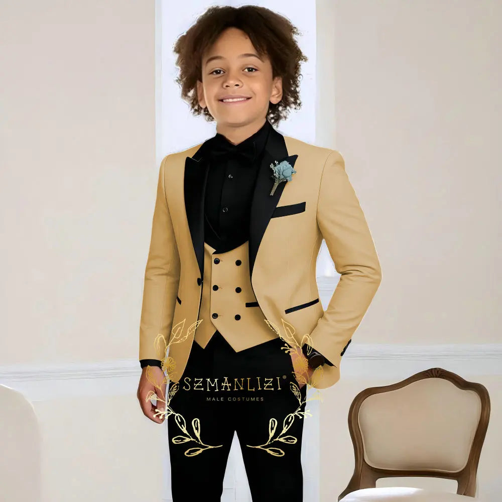 Costume de smoking de mariage pour garçons, 3 pièces, veste à col à visière, pantalon, gilet, ensemble Blazer formel pour enfant, tenue cintrée, costume garcon mariage