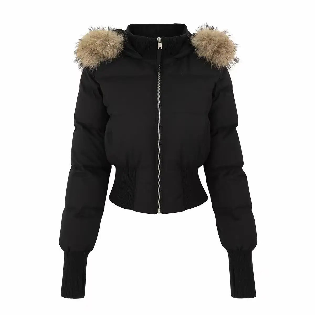 ZAROY Manteau court d'hiver pour femmes avec col en fourrure et capuche, veste en coton à taille ajustée, parka matelassée épaisse et chaude pour l'extérieur et la neige.