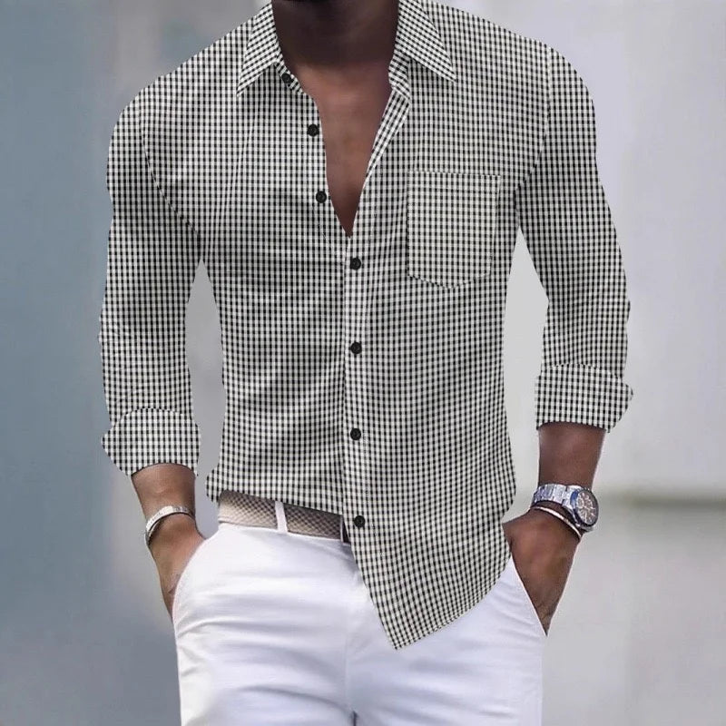 Chemise pour hommes 13 couleurs, chemise à manches longues à carreaux bleu clair et blanc, haut pour hommes coupe slim, décontracté, d'affaires et de déplacement.