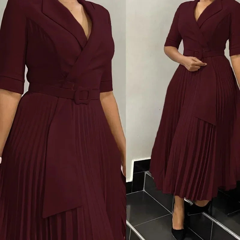 Robe de bureau plissée pour femmes, vêtements d'été élégants, col cranté, demi-manches, ceinture, taille moyenne, nouvelle collection