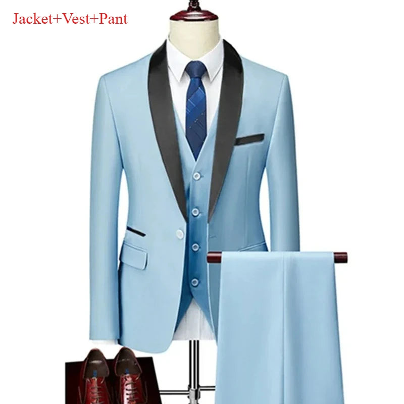 Ensemble de costume noir à revers pour hommes, manteau, gilet, pantalon/affaires pour garçons d'honneur, robe de mariée, pantalon Blazer Fprmal