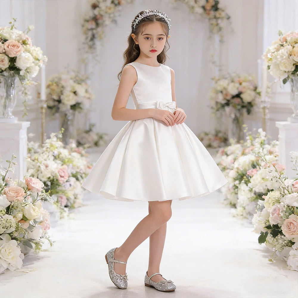 Robe de baptême en satin blanc, robe de mariée pour enfant, robe de soirée élégante pour filles, robe de princesse pour anniversaire, 4-12 ans