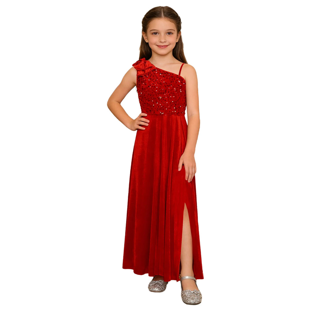Robe de Demoiselle d'Honneur Junior Élégante pour Filles, Robe de Fille d'Honneur à Une Épaule Fendue avec Fleur pour Mariage, Fête, Costume Festif, Robes pour Enfants