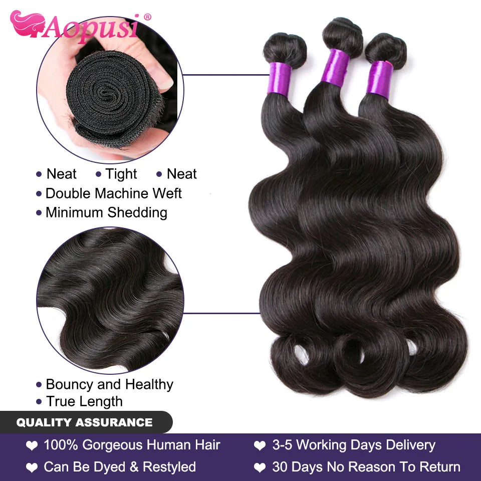 Aopusi – tissage en lot brésilien naturel Body Wave avec Closure, Extension de cheveux, lots de 3/4