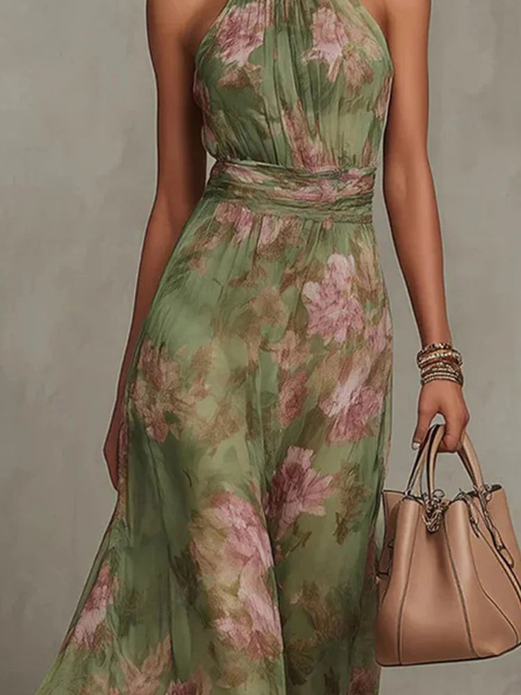 Robe de soirée fluide en mousseline de soie sans manches à col montant et taille froncée DFCF Fashion, nouvelle robe longue à imprimé floral et dos nu pour femme 2026