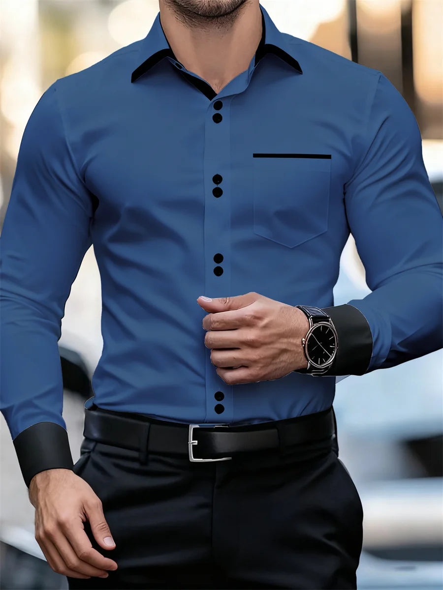 Chemise à manches longues à col bloc de couleur pour hommes d'affaires, coupe ajustée, sans plis, chemise Patchwork noir et blanc, haut tendance pour hommes