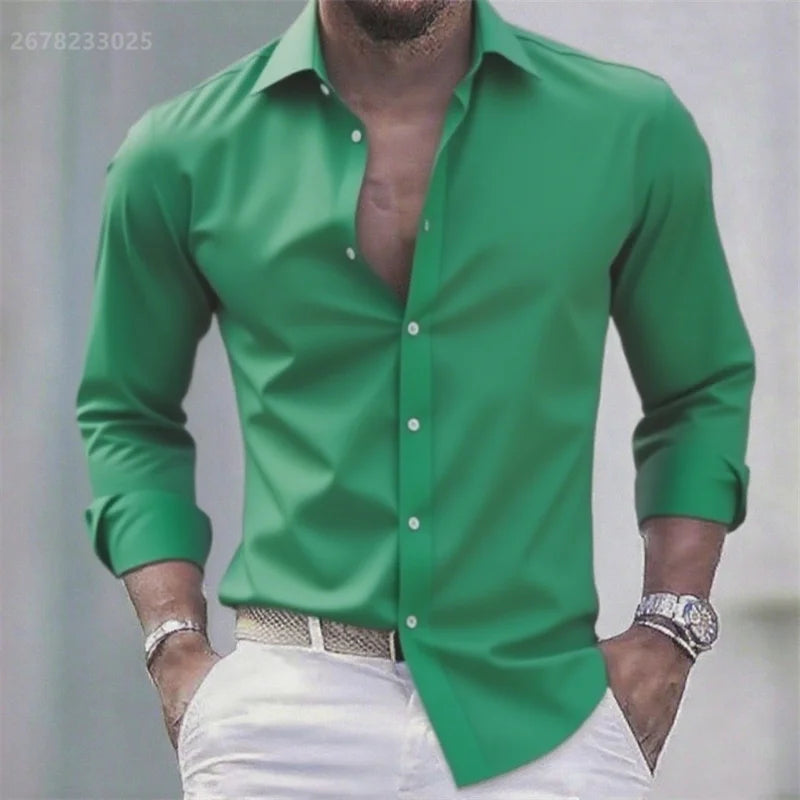 Chemise blanche décontractée pour homme, couleur unie, tissu extensible à manches longues, chemise formelle pour affaires, tissu confortable