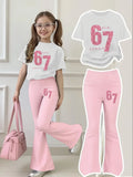 Ensemble 2 pièces pour filles, T-shirt à manches courtes et pantalon évasé, imprimé étoile rose numéro 67, ensemble streetwear décontracté pour enfants
