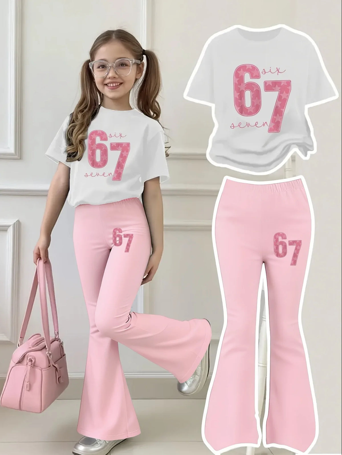 Ensemble 2 pièces pour filles, T-shirt à manches courtes et pantalon évasé, imprimé étoile rose numéro 67, ensemble streetwear décontracté pour enfants