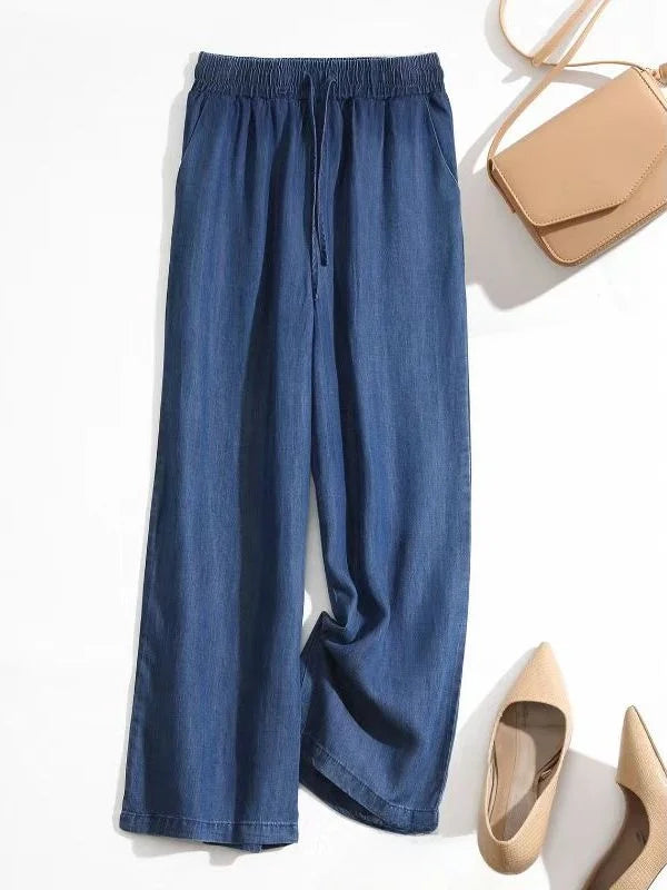 Jean d'été taille haute en soie glacée élastique, coupe droite, jambe large, pantalon ample pour femme, grandes tailles