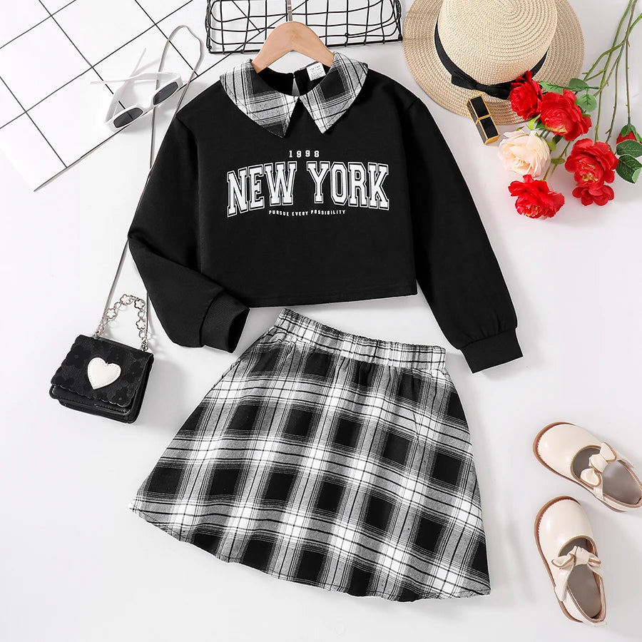Ensemble 2 pièces décontracté pour filles, chemise à revers noir, manches longues, lettres imprimées, jupe à carreaux, nouvelle collection printemps automne