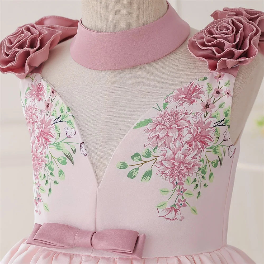 Robe de soirée de demoiselle d'honneur pour filles, imprimé floral, élégante, en Tulle, robes de princesse d'anniversaire, de mariage, de baptême