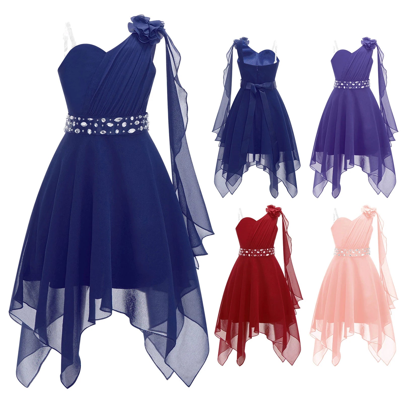 Robe de mariage pour filles de 6 à 16 ans, sans manches, élégante, froncée, avec des appliques, ourlet asymétrique, en mousseline de soie, robes de princesse pour fête d'anniversaire et de bal