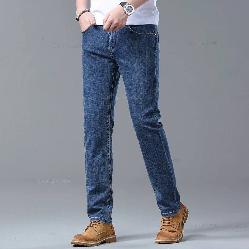 Printemps hommes bleu clair jean mince élégant décontracté tissu extensible Denim pantalon classique pantalon fumée gris