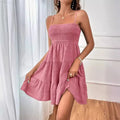 Mode femme Spaghetti sangle smocké Bustier Mini robe bleu à volants à plusieurs niveaux robe trapèze été décontracté vacances vêtements de plage