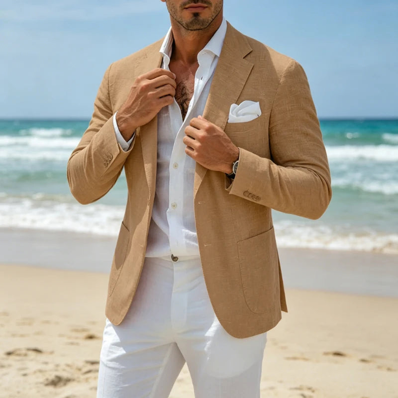 Blazer en lin pour homme, revers cranté, 2 boutons, coupe ajustée, veste de costume légère et respirante, idéale pour l'été, la plage, les mariages, le sport ou le quotidien