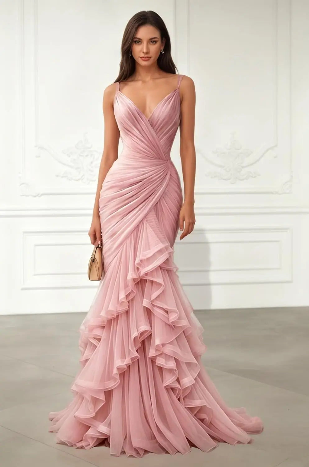 Robe de bal sirène personnalisée en tulle avec bretelles spaghetti, volants étagés, col en V, pour soirée formelle